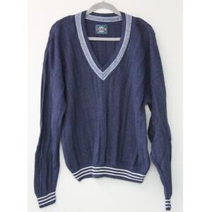 Vintage Jantzen Navy Varsity Style Chunky Knit V Neck Sweater XL